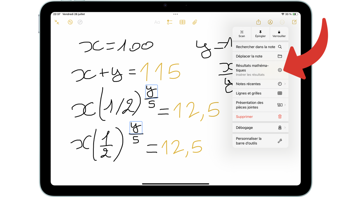 Accéder aux options des notes mathématiques pour choisir comment résoudre un calcul © Clubic