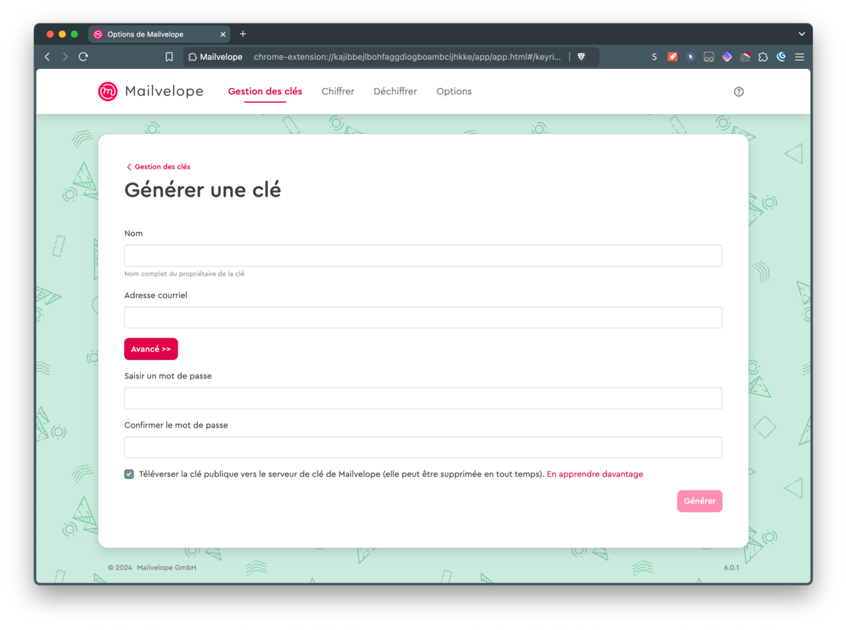 Mailvelope - Génération de clés