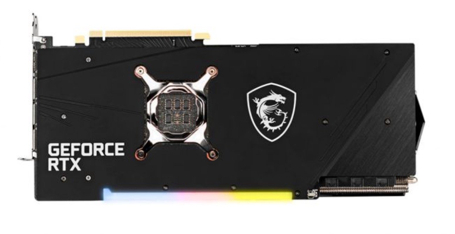 Ici l'ancien design de la MSI GeForce RTX 3080 Gaming X Trio, avec cinq condensateurs POSCAPS // © MSI