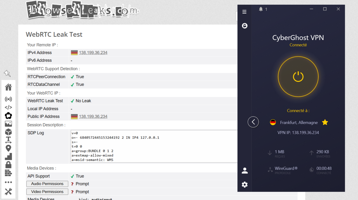 CyberGhost - Test des fuites WebRTC. © Clubic