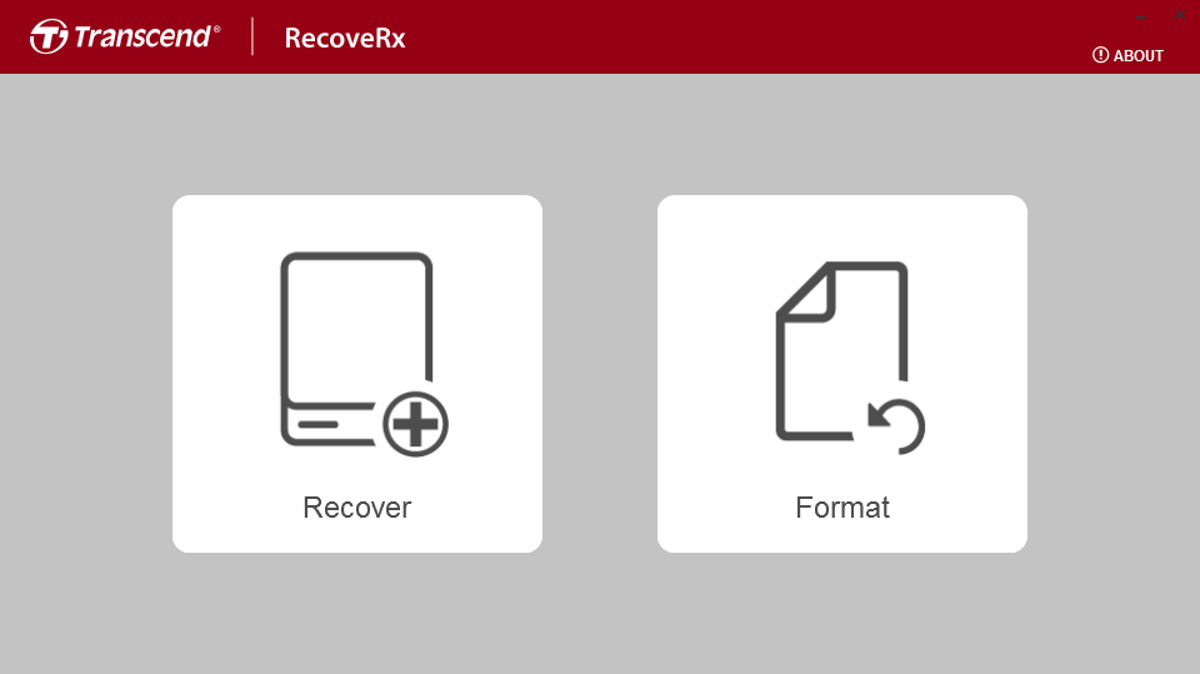 Interface principale offrant les options "Recover" pour récupérer des données et "Format" pour formater les supports de stockage. © Transcend