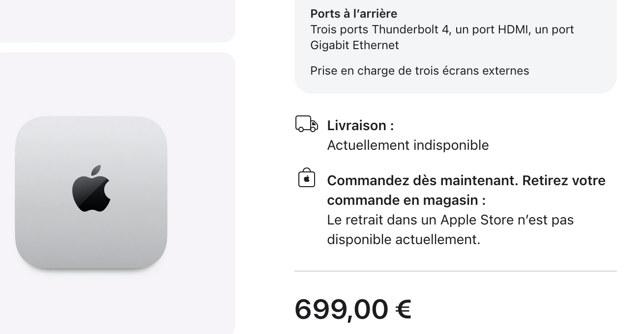 Sur l'Apple Store en ligne, le Mac Mini ne peut pas être livré, ni retiré en Apple Store. ©Clubic