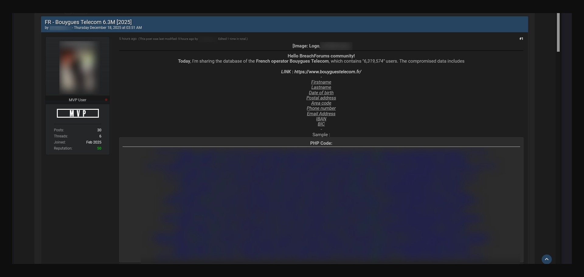 Capture d'écran de l'un des posts qui évoque le piratage de Bouygues Telecom. © Clubic