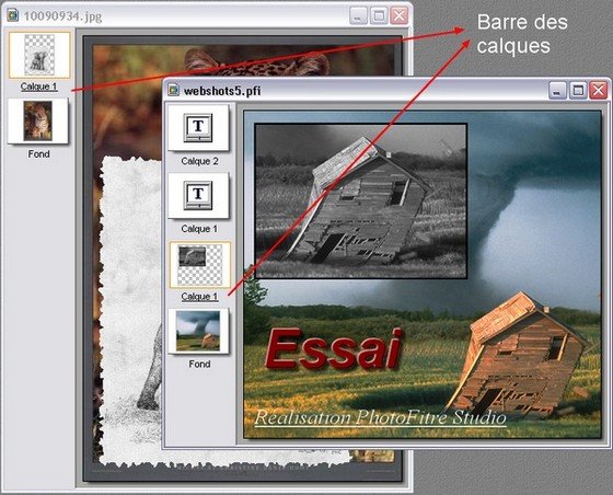 Aperçu de la gestion des calques dans PhotoFiltre, avec superpositions, textes et effets visuels sur une image composite. - © PhotoFiltre