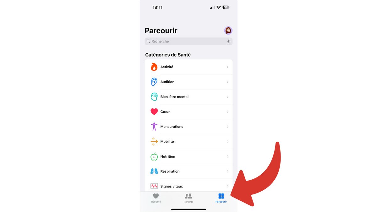 Menu "Parcourir" dans l'app Santé