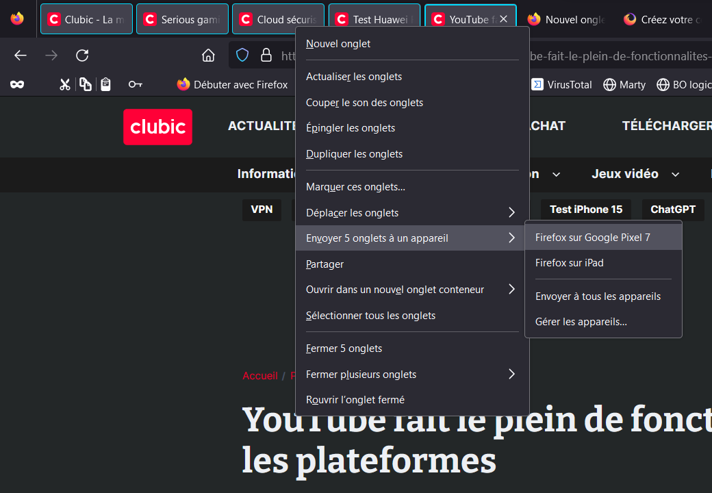 Mozilla Firefox - Envoyez un ou plusieurs onglets vers vos autres appareils