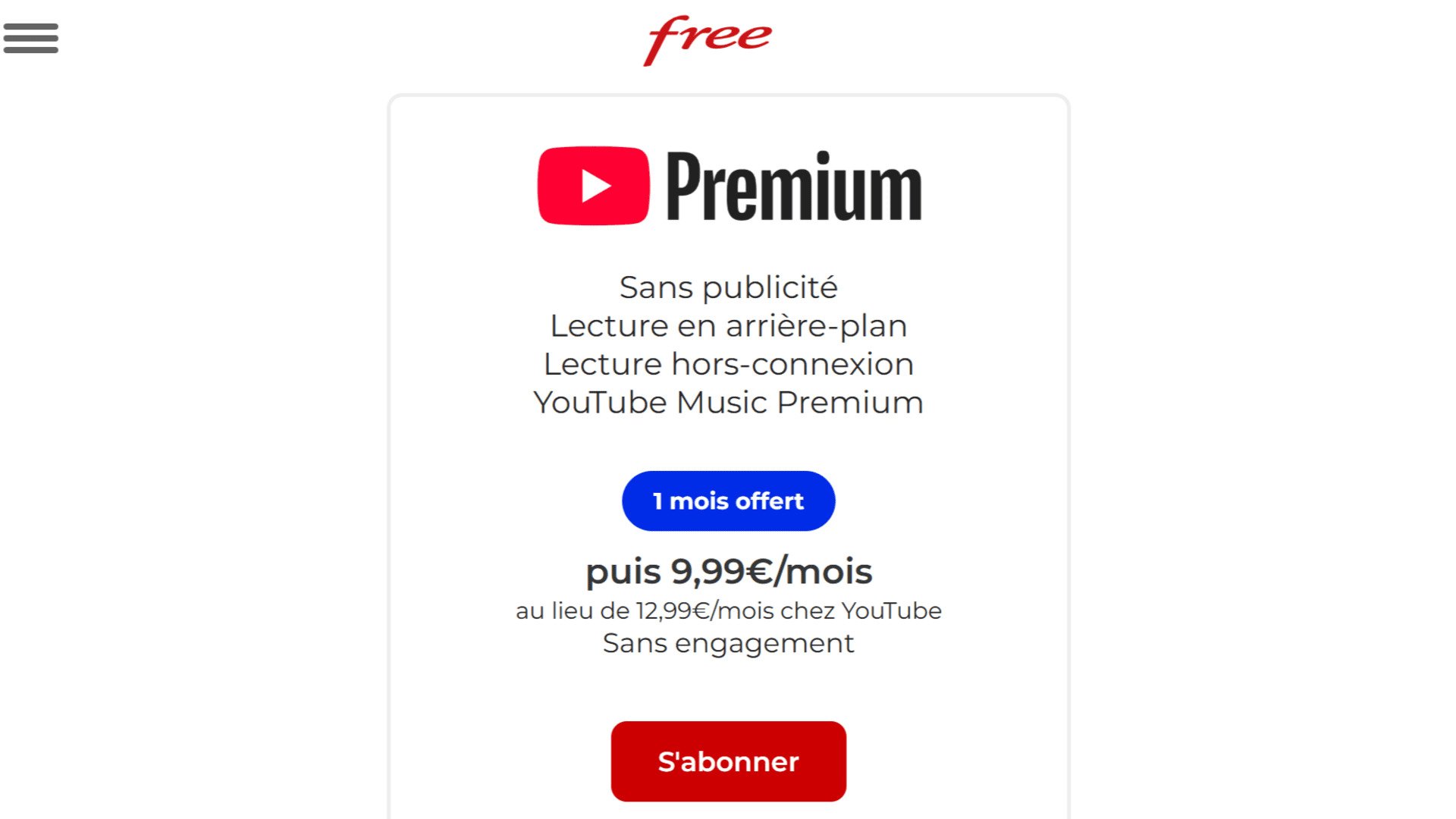 La page pour s'abonner à YouTube Premium, depuis l'espace abonné Free. © Alexandre Boero / Clubic