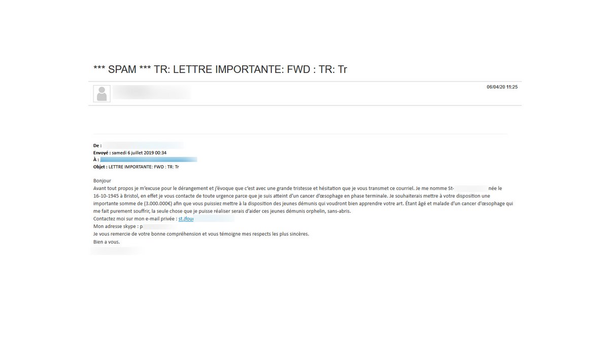 Exemple d'un mail spam d'escroquerie - © Pascale Duc