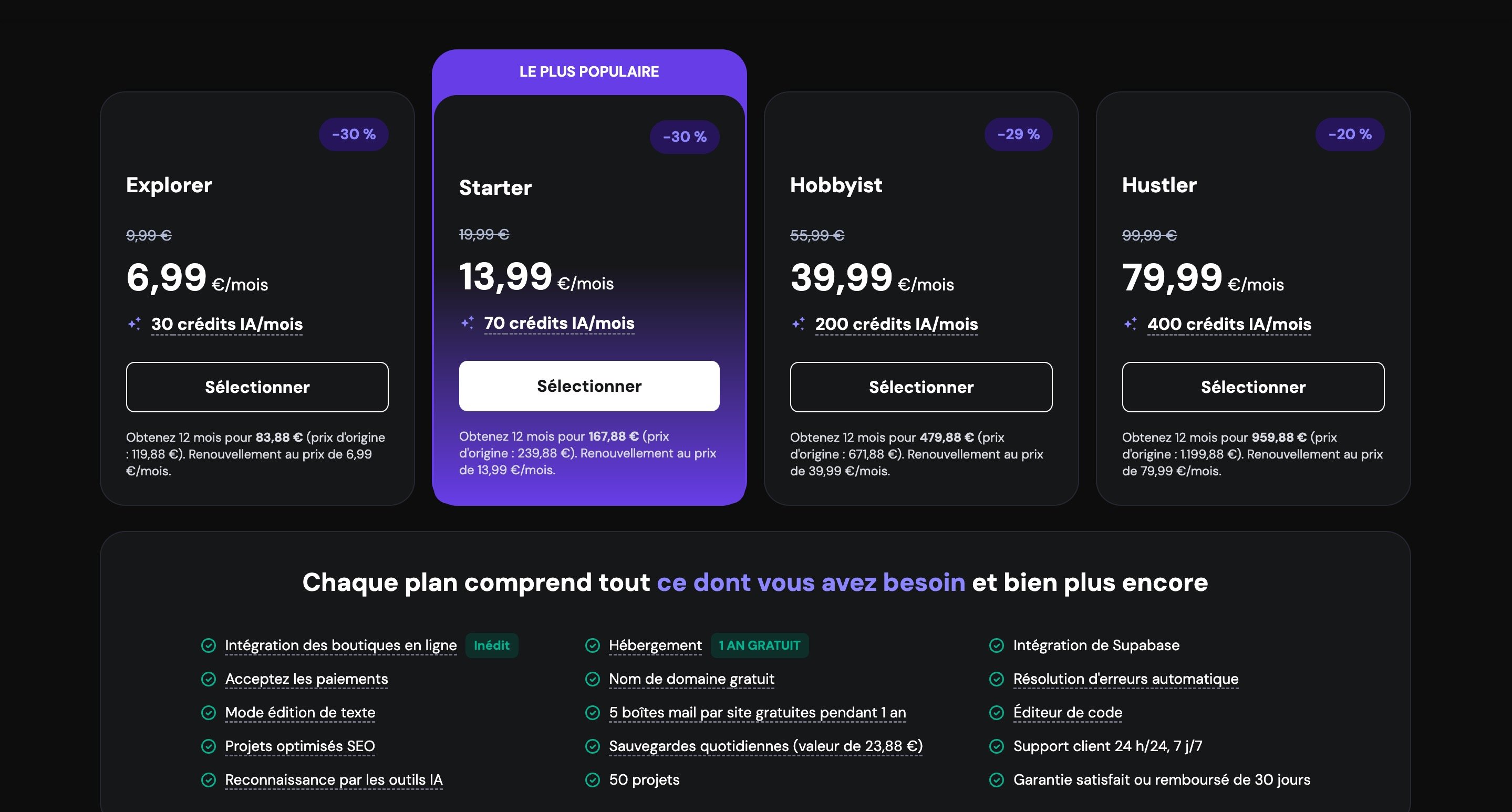 Voici les 4 forfaits disponibles pour Hostinger Horizons.