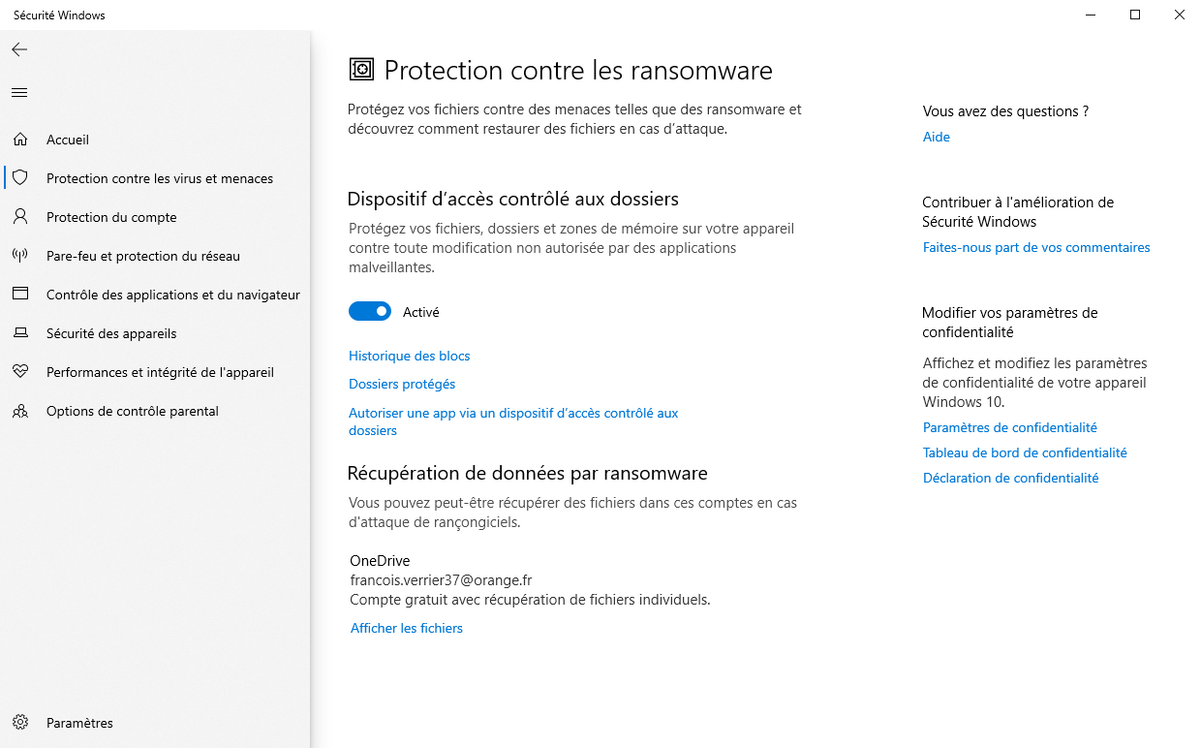 Protection anti-ransomware de Windows Defender