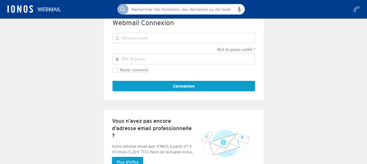 La page de connexion Webmail de IONOS offre un accès sécurisé aux services de messagerie professionnelle.