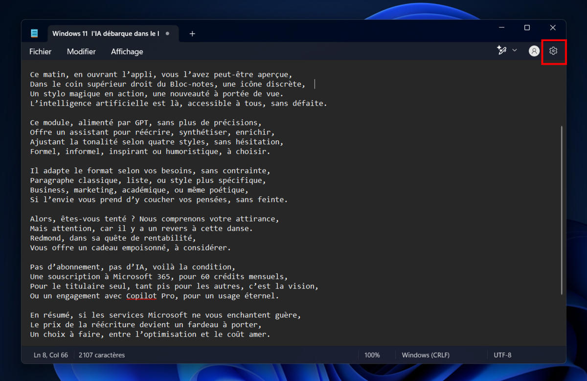 Rendez-vous dans les paramètres du Bloc-notes pour désactiver la fonction IA © Clubic