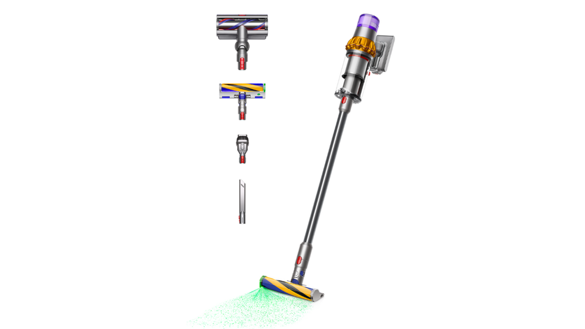 L'aspirateur Dyson V15 Absolute Detect et ses accessoires.