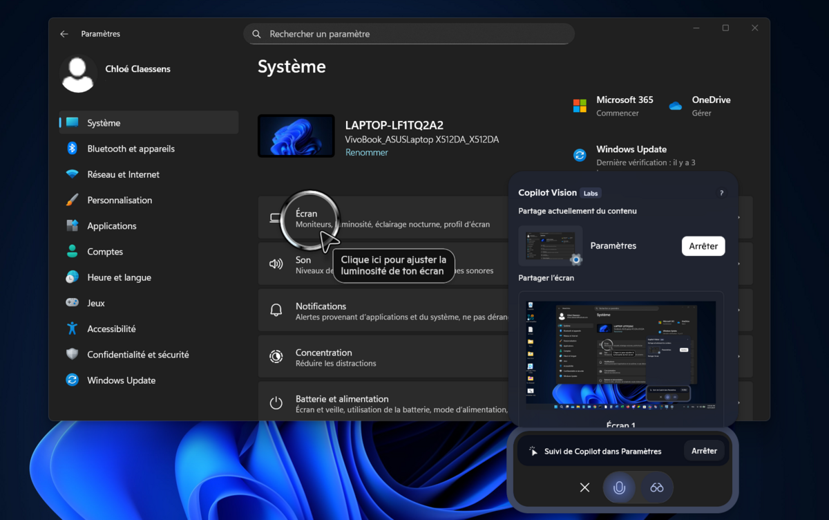 Copilot Vision vous permet désormais de partager tout ou partie de votre écran avec l'assistant de Microsoft. La fonction "Highlight" vous guide visuellement à l'écran. © Clubic