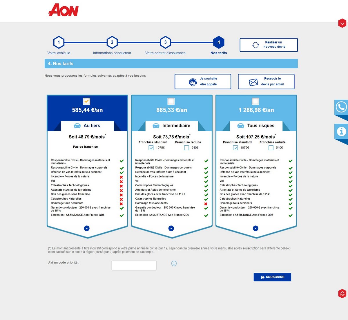 Simulation d'assurance auto Aon : tarifs des 3 formules