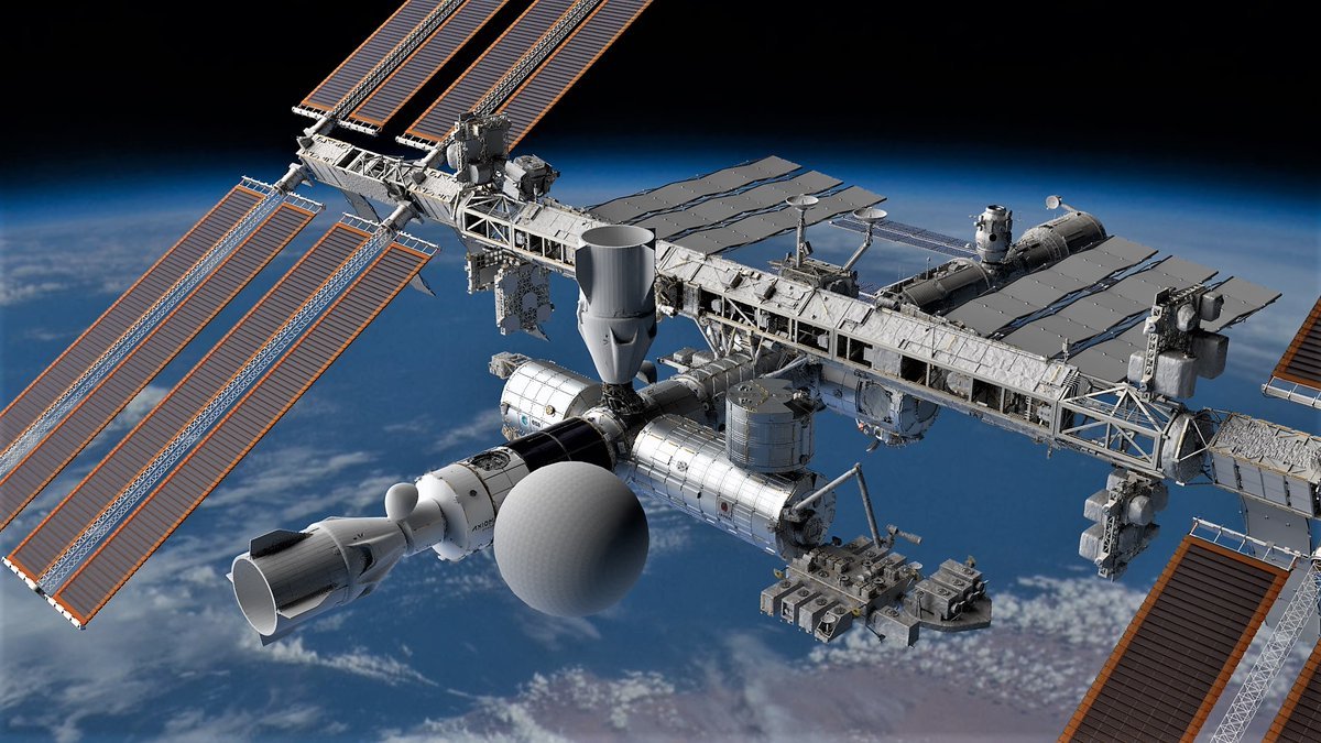Vue d'artiste de l'ISS avec une station Axiom partiellement construite et le module SEE-1. Joli... Mais est-ce réaliste ? © SEE