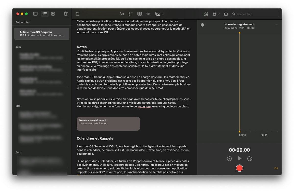 Intégration des enregistrements audio dans Notes