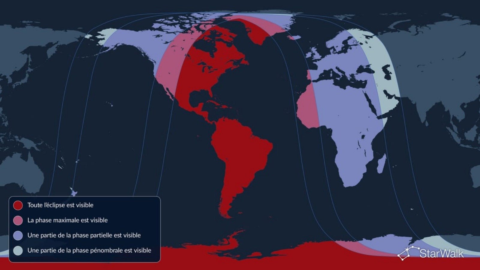 Selon StarWalk, Cette carte montre où l’éclipse lunaire partielle des 27-28 août 2026 sera visible. Les Amériques bénéficieront de la meilleure visibilité générale, tandis que l’Europe et l’Afrique verront l’éclipse près du coucher de la Lune. En Asie et dans les régions voisines situées hors de la zone de visibilité, la Lune sera sous l’horizon pendant l’événement. - ©Vito Technology