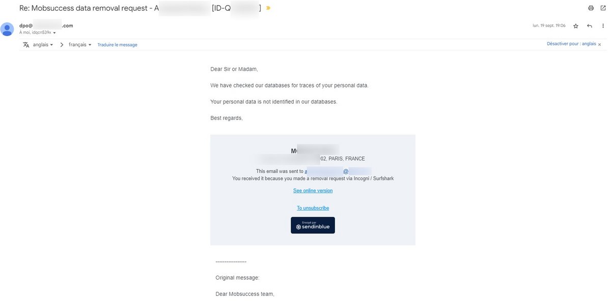 Incogni - L'un des e-mails reçus au titre de l'utilisation du service