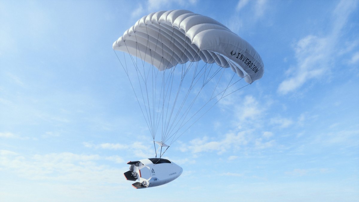 Rendu de la capsule finissant son atterrissage en parachute.  © Inversion
