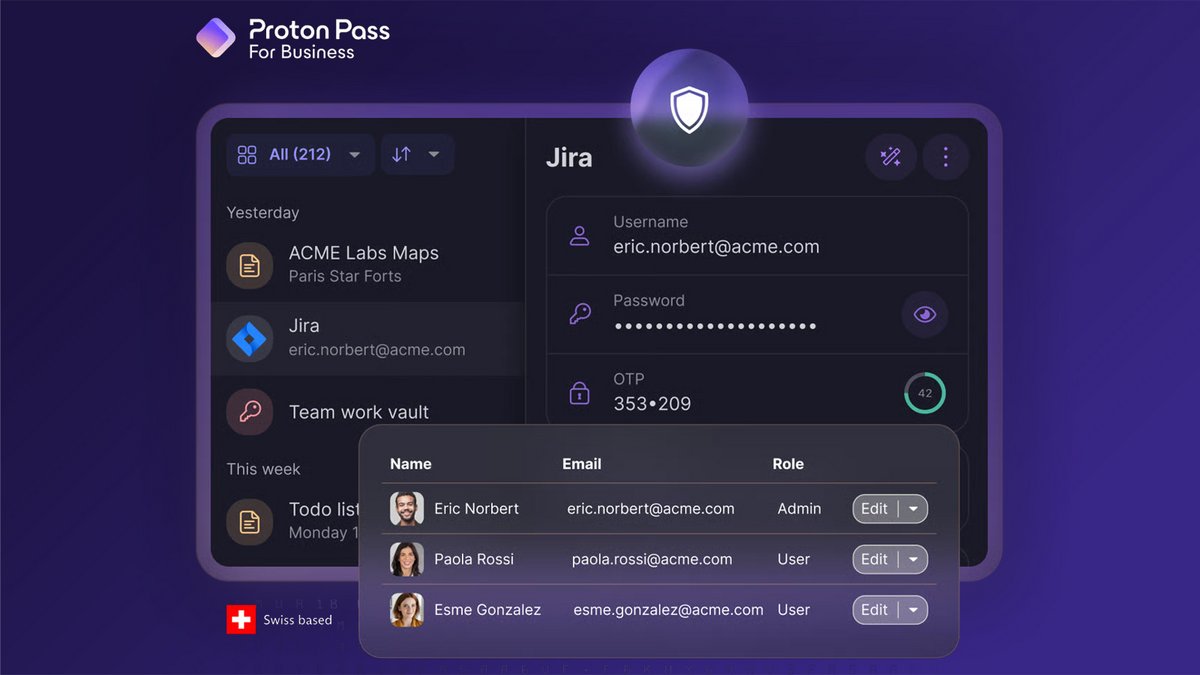 Proton Pass protège l’identité numérique de votre entreprise, avec alertes en cas de fuite, conformité RGPD/ISO et hébergement suisse zéro accès - © Proton