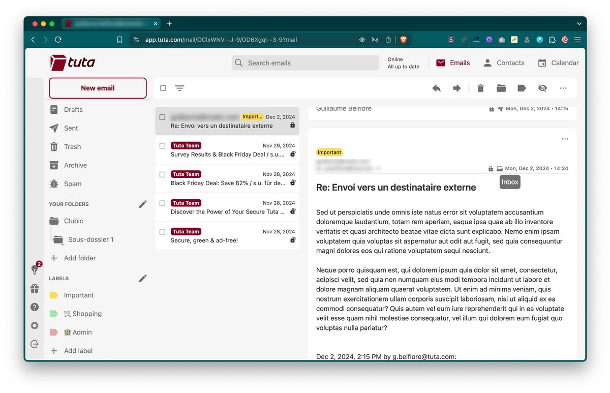 Tuta Mail - Interface clair et accent de couleur rouge