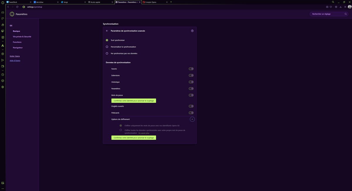 Opera GX - La synchronisation des données avec un compte Opera