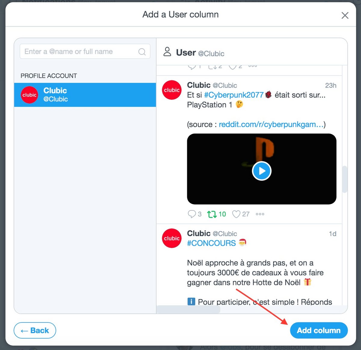 capture tweetdeck ajout colonne clubic