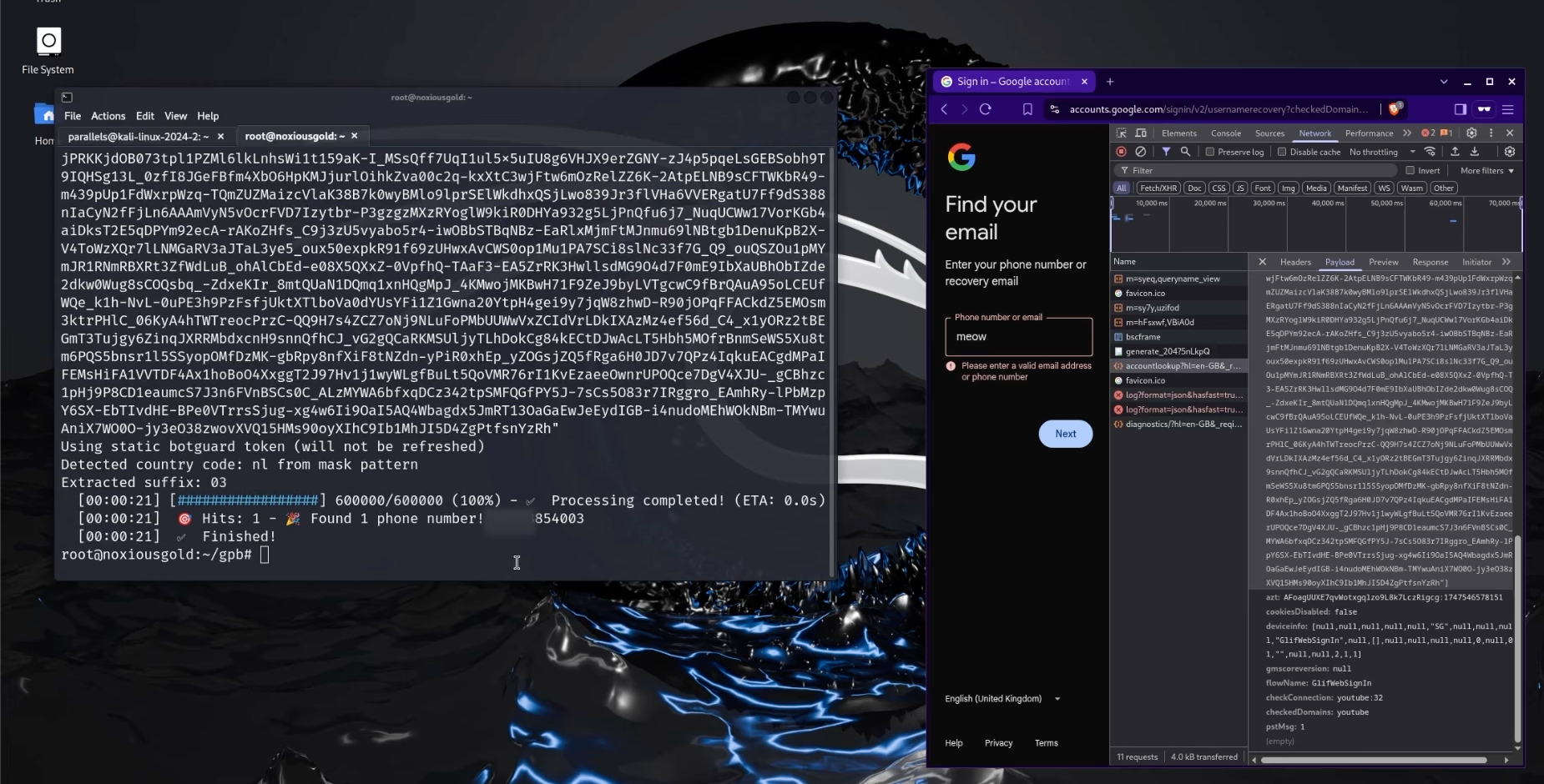 21 secondes et 600 000 combinaisons plus tard, brutecat est parvenu à identifier le numéro de téléphone associé à un compte Google néerlandais. © brutecat