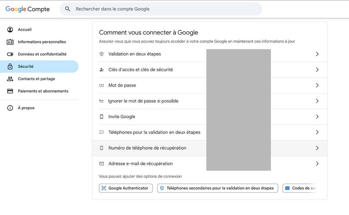 Assurez-vous que vos méthodes de récupération fonctionnent. ©Google