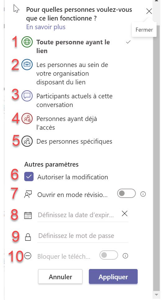 Microsoft Teams Paramétrage liens