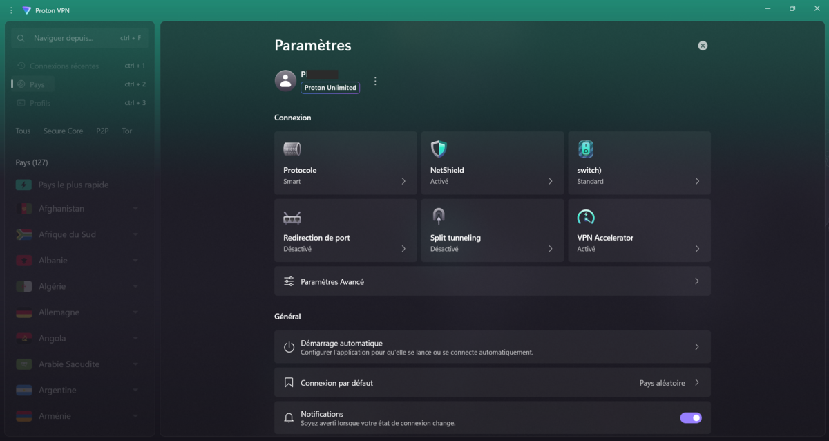 Proton VPN - Les paramètres généraux. © Clubic