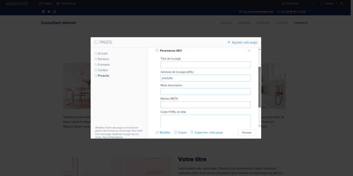 Webnode paramètres SEO