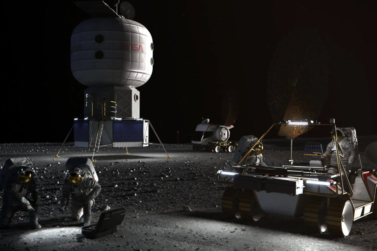 Rendu 3D des prémices d'une base lunaire de la NASA. ©NASA