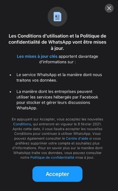 (maj du 08/01/2021) La notification reçue par des utilisateurs de WhatsApp en EU. © Facebook