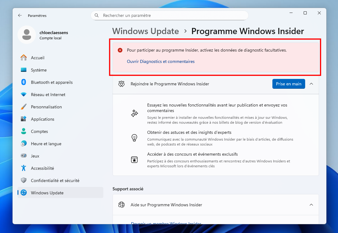 Pour rejoindre le programme Insider, vous devez accepter d'envoyer des données facultattives à Microsoft. © Clubic
