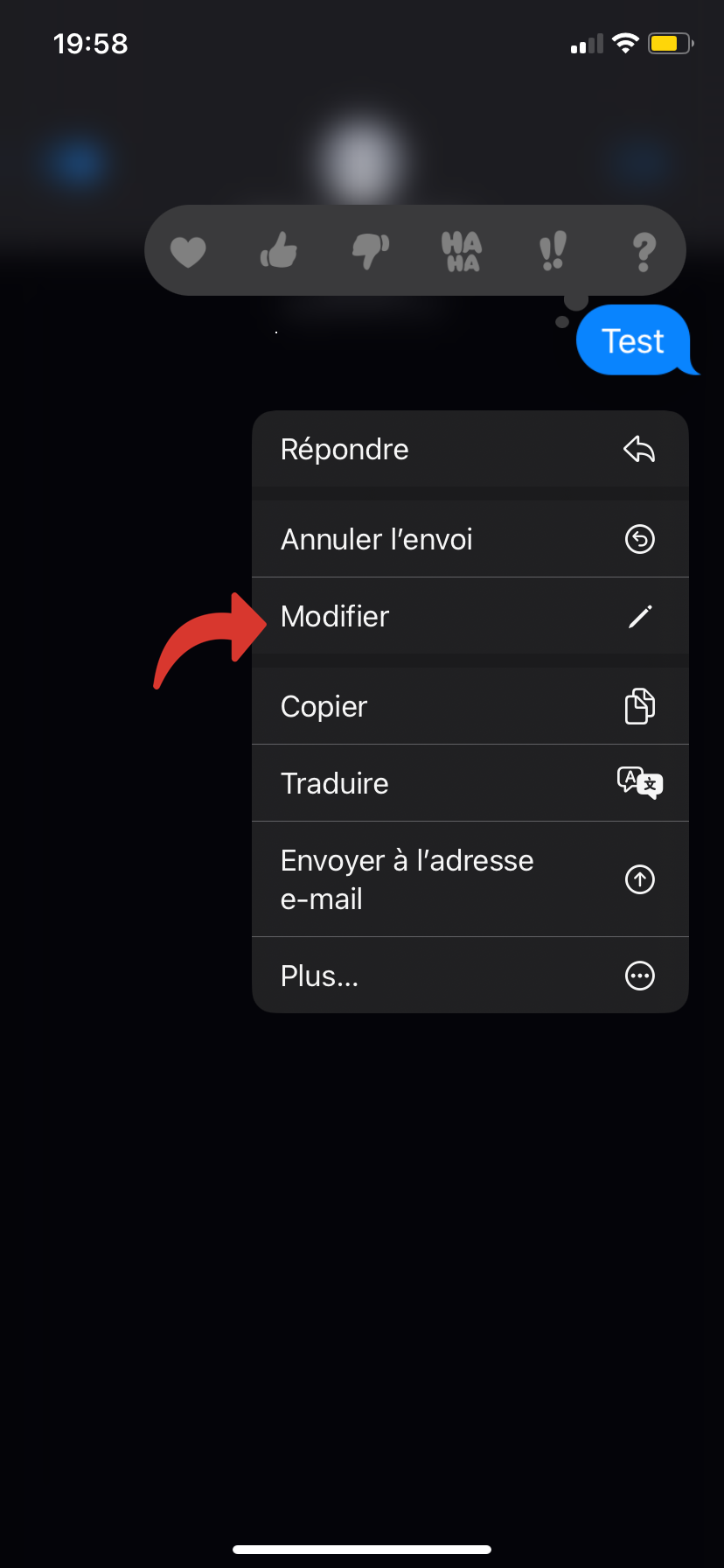 Maintenir le message pour faire apparaître le menu contextuel