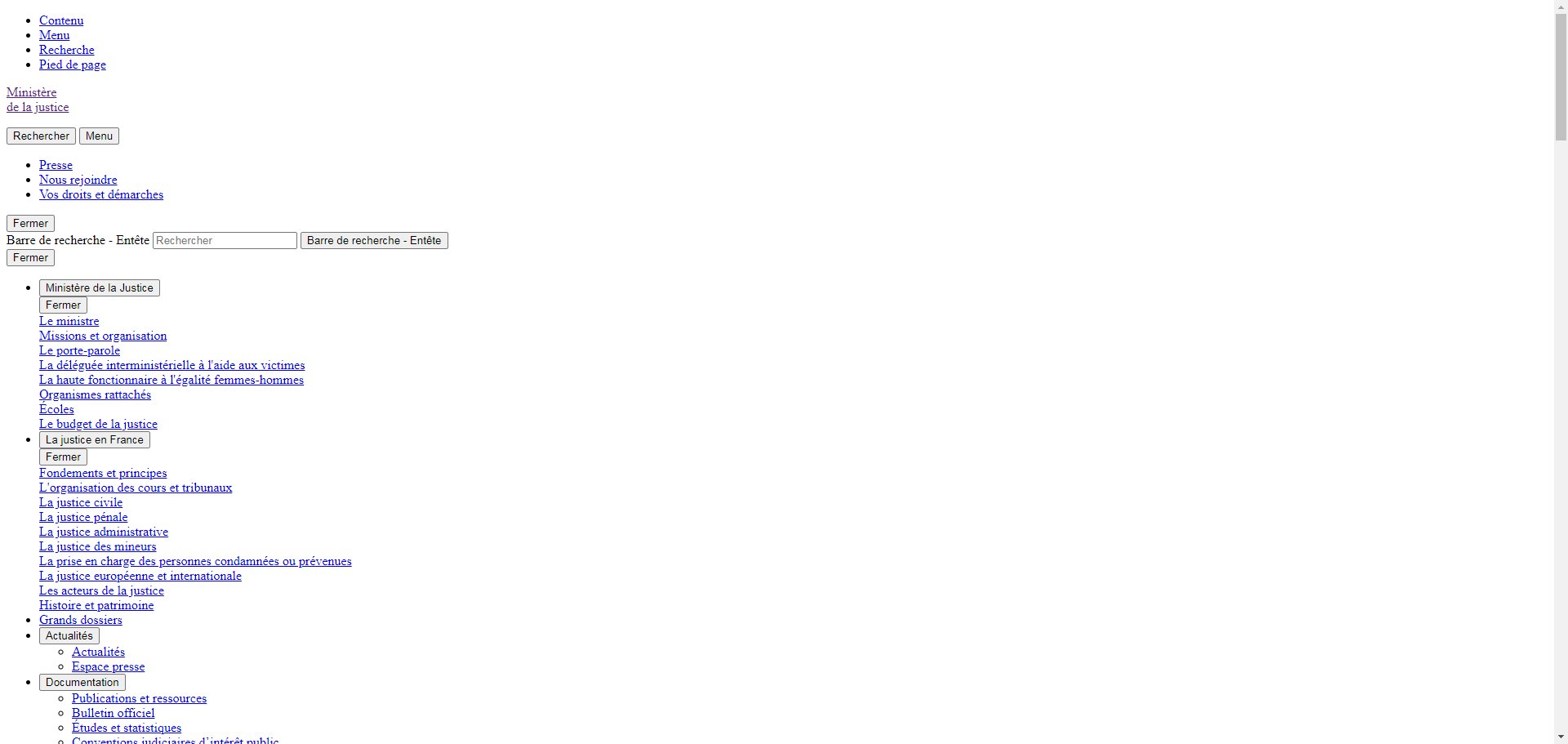 Voici une capture d'écran du site du ministère de la Justice, prise ce mercredi 4 septembre 2024 à 14h00 © Alexandre Boero / Clubic