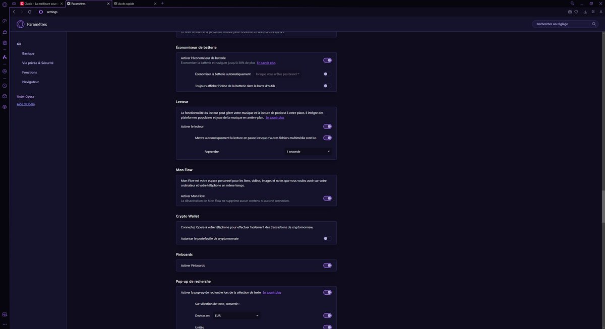 Opera GX - La plupart des fonctionnalités, dont l'économiseur de batterie, peuvent être désactivés