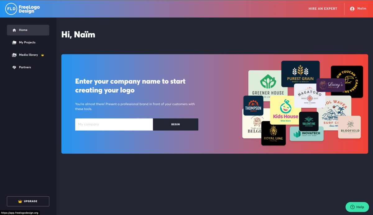 L'interface de FreeLogoDesign permet de commencer la création de votre logo en entrant simplement le nom de votre entreprise.