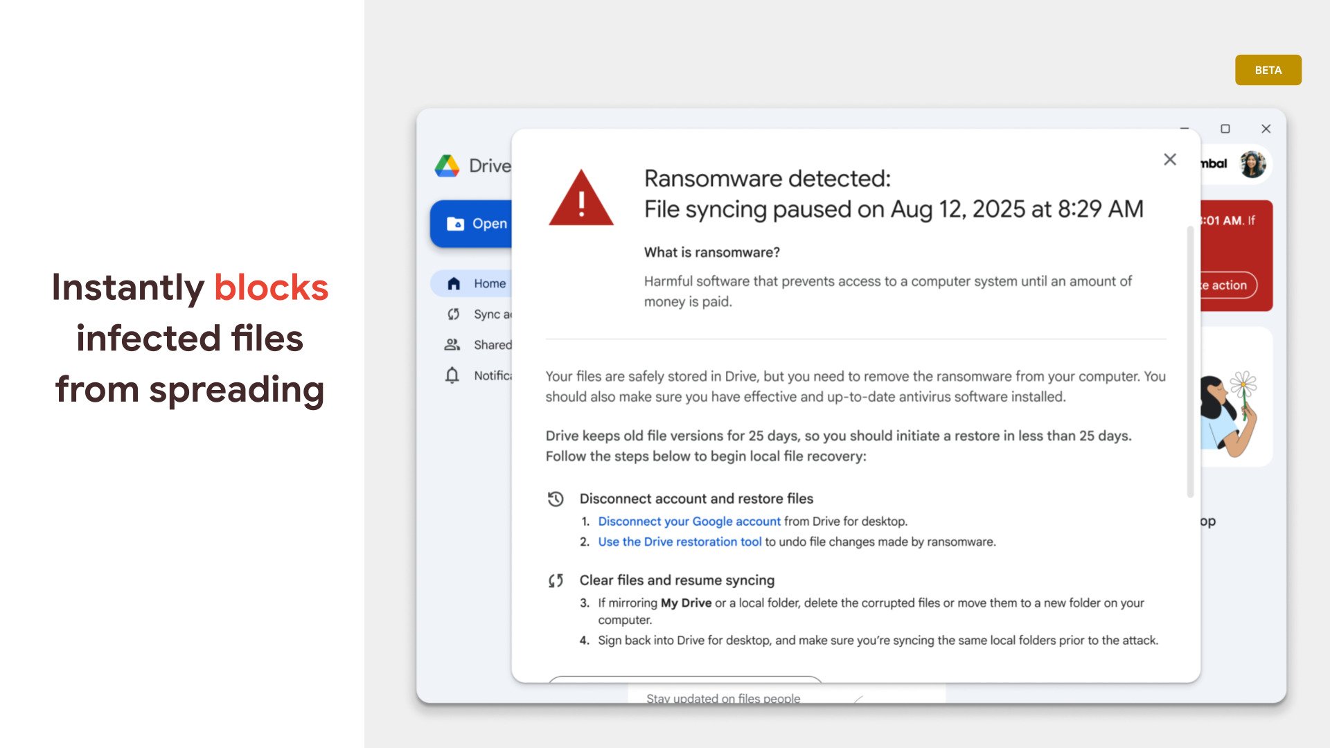 Voici la notification adressée par Google en cas de détection d'un ransomware sur Google Drive pour ordinateur © Google Cloud