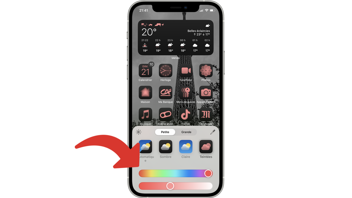 Choix de la teinte des icônes de l'écran d'accueil de l'iPhone d'iOS 18 © Clubic