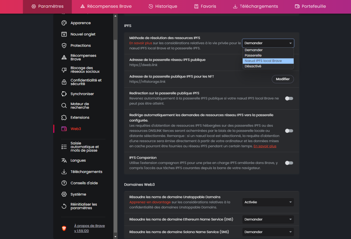 Brave - Les paramètres IPFS et Web3