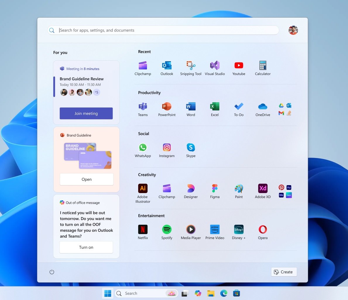Concept de menu démarrer avec un menu latéral généré par IA. © Microsoft