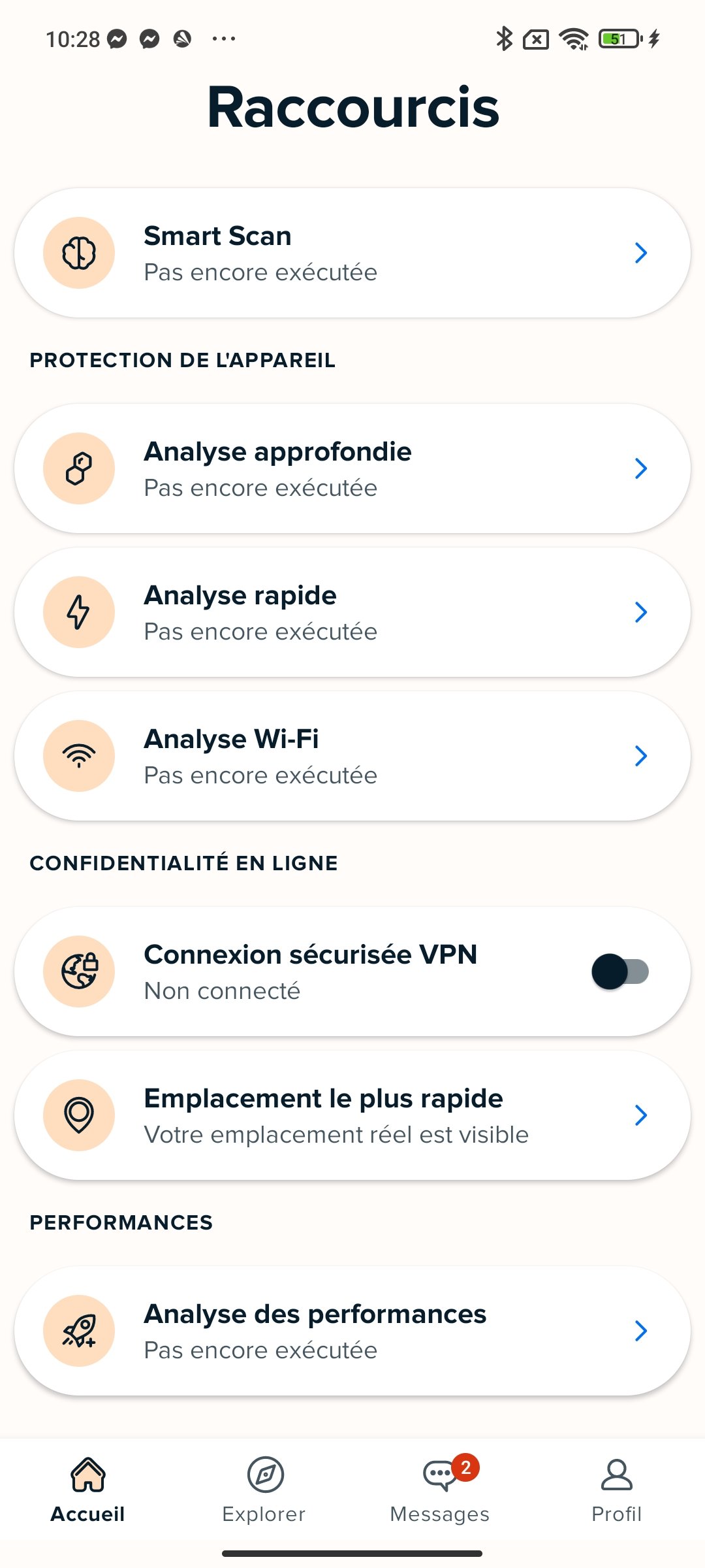 Avast One - Raccourcis fonctionnalités