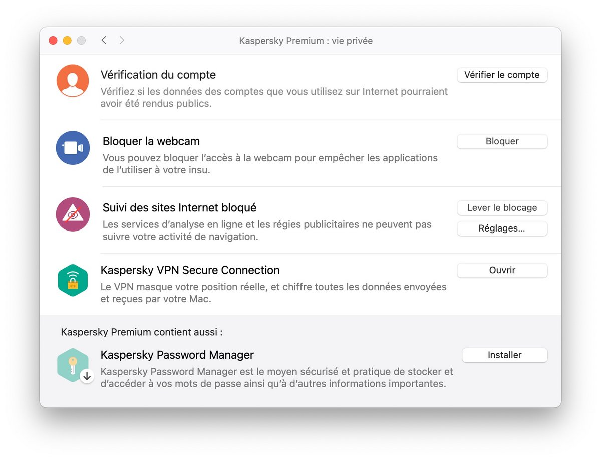 Kaspersky Premium - Options vie privée