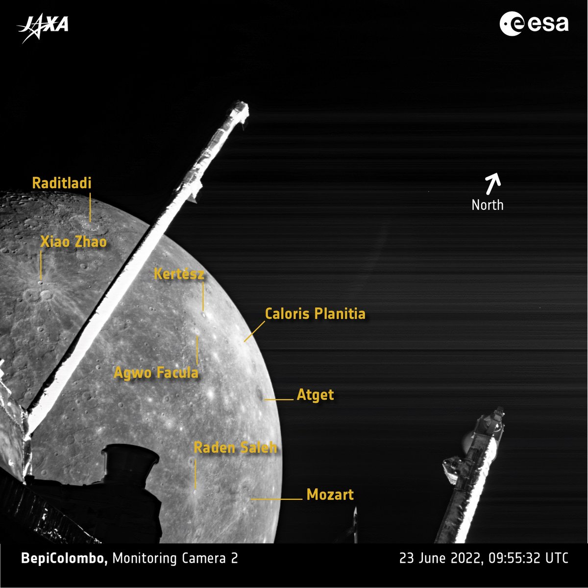 Les premiers survols de Mercure ont déjà apporté quelques vues utilisées par les scientifiques (même si ce ne sont que des caméras consacrées au monitoring des instruments) © ESA / JAXA / BepiColombo