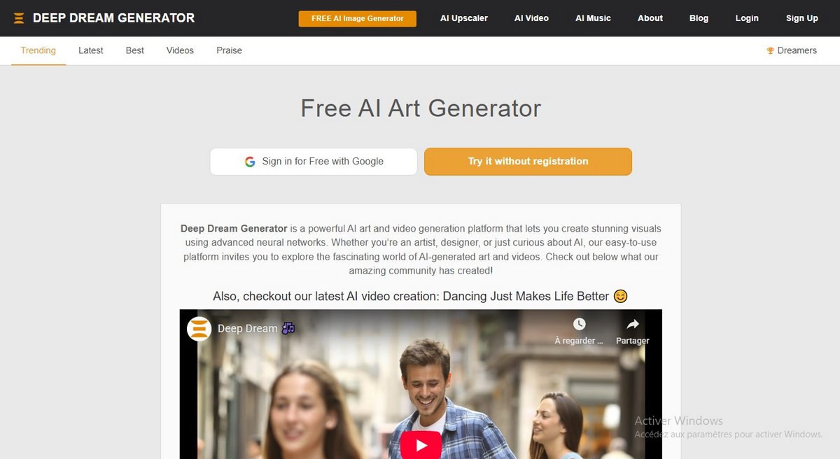 Deep Dream Generator est un outil en ligne qui sert à créer des images et vidéos artistiques grâce à l’IA, en utilisant des réseaux neuronaux avancés pour transformer des visuels simples en œuvres générées automatiquement ; la page d’accueil met en avant son générateur d’art gratuit, l’accès via Google.