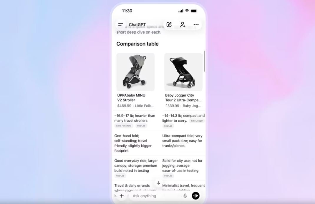 L'assistant shopping peut par exemple comparer deux modèles de poussettes. ©OpenAI