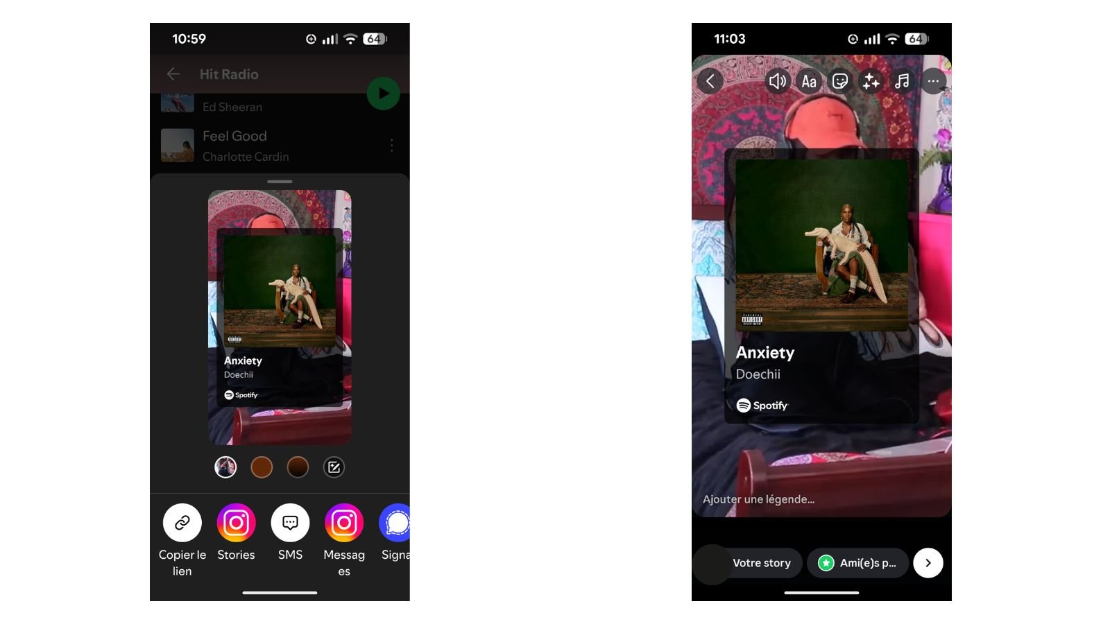 Le partage de morceau Spotify amélioré sur Instagram. ©Spotify / Instagram